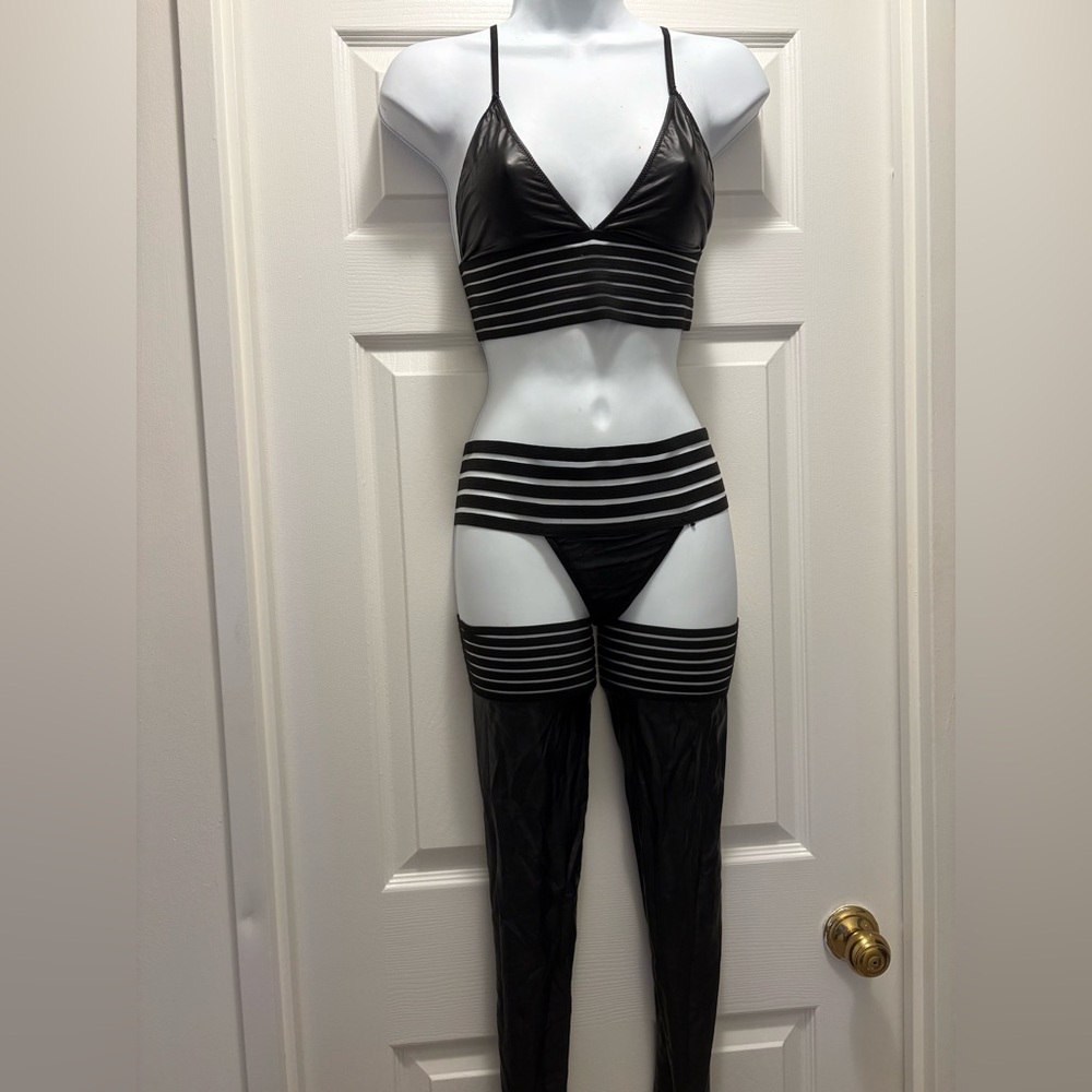 La Petite Coquette Leather-Look Black Strappy Lingerie Set